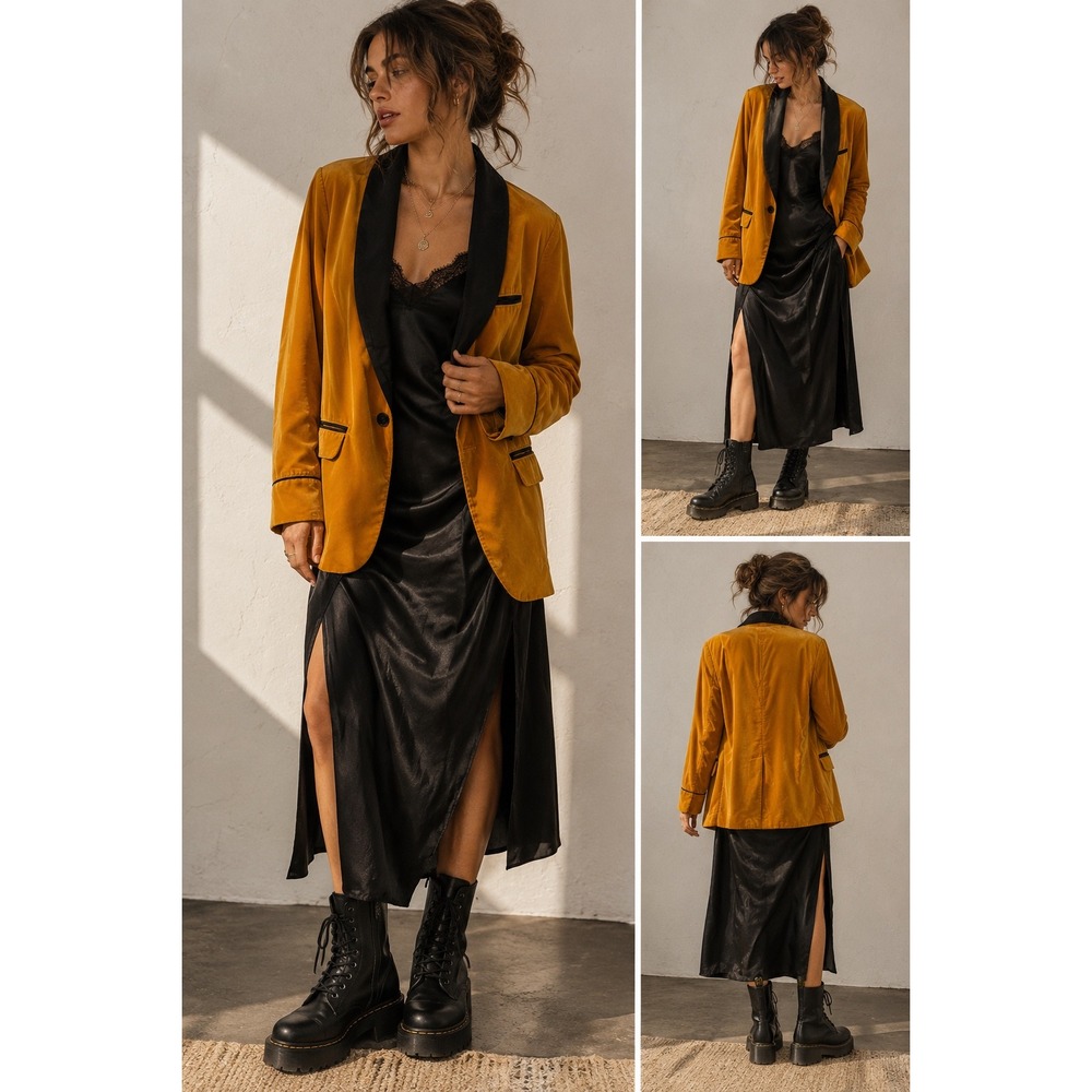 Free People Velvet Boyfriend Blazer XS Mustard Gold Satin‎ Indie Sleaze Boho
